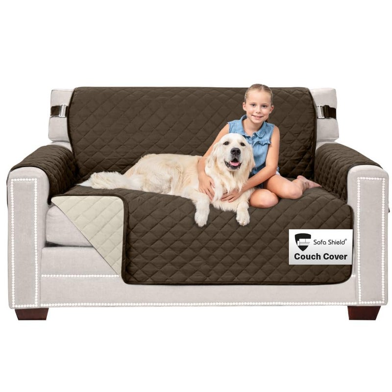 Sofa Shield Loveseat Slip Cover with Patented Strap, Cushion Protector, US Designed Reversible Stain and Dog Tear Resistant Slipcover, 54 inch Seat, Washable Covers for Dogs Pets, Chocolate Beige - Image 1